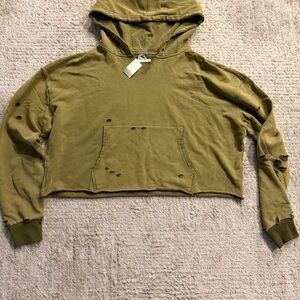Olive Distressed Cropped Hoodie